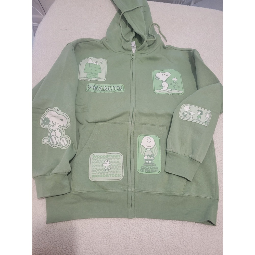 Peanuts Womens Snoopy Friends Patches Christmas Green Full Zip Hoodie Medium
